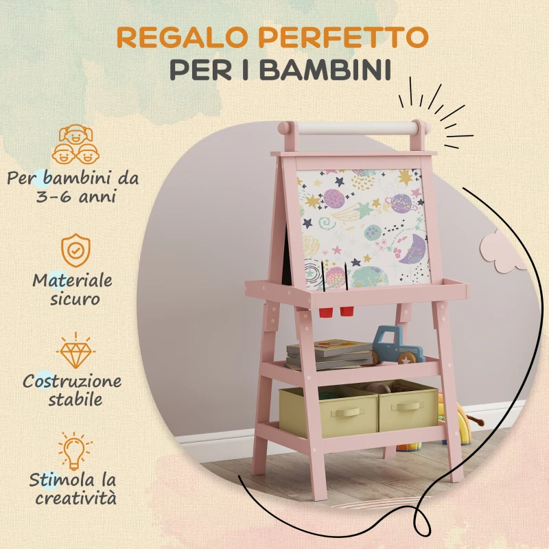 AIYAPLAY Lavagna per Bambini con Cavalletto 3 in 1, Rotolo di Carta e 2 Contenitori, in Legno, 59x48x118 cm, Rosa