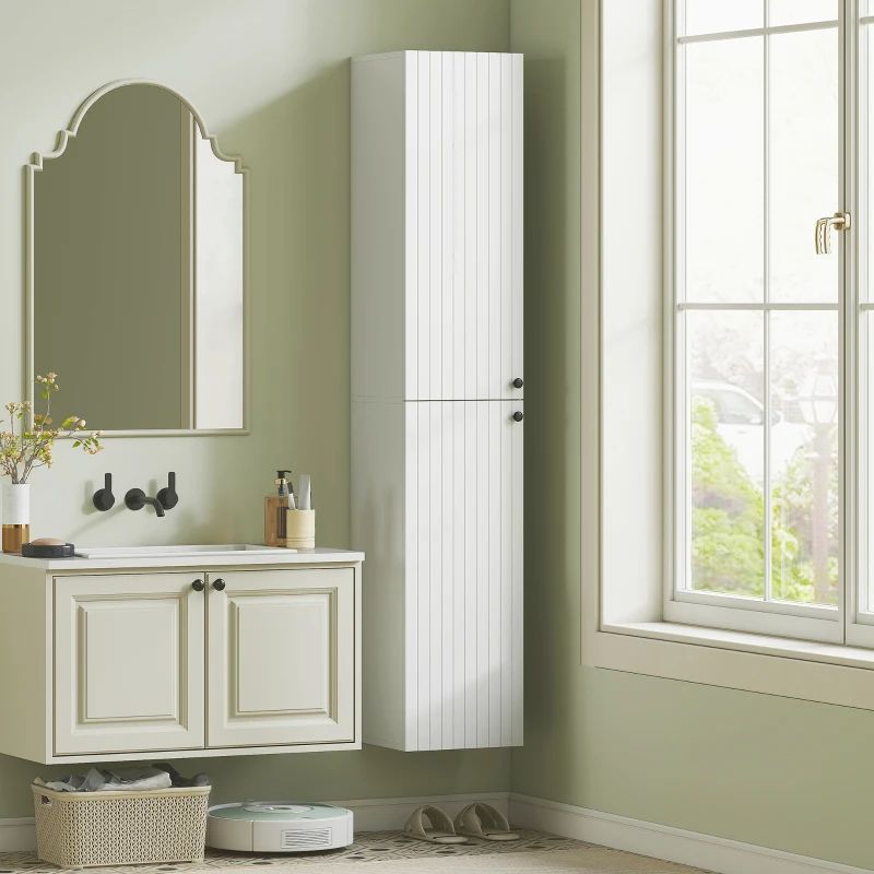HOMCOM Wall Mounted Tall Bathroom Storage Cabinet with Soft-Close Hinges, Slim Bathroom Cabinet with 2 Doors, White