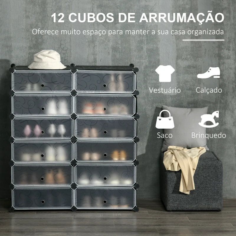 HOMCOM Sapateira Modular de Cubos de Plástico Armário Modular para Sapatos com 12 Cubos com Porta Desenho de DIY 94x37x108 cm Preto