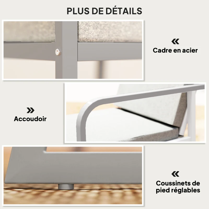 Outsunny Salon de jardin extérieur 2 personnes, table de jardin extérieure avec 2 chaises, 4 coussins cadre en acier gris