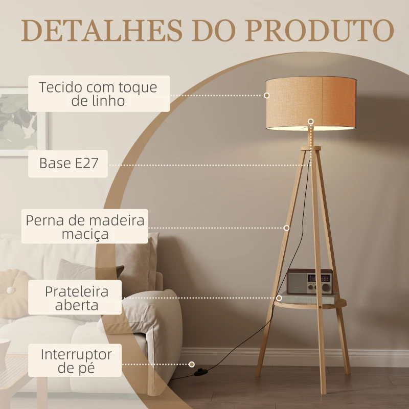 HOMCOM Candeeiro de Pé com Tripé com Estrutura em Madeira e Ecrã Similar ao Linho com Prateleira 48x48x153 cm Madeira e Cinzento