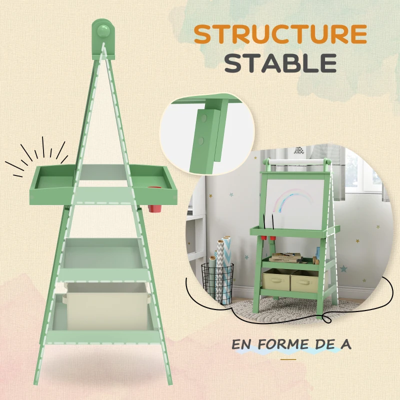 AIYAPLAY Tableau chevalet enfant 3 en 1 avec tableau blanc magnétique, tableau à craie, rouleau papier, 2 paniers, 3-6 ans, vert