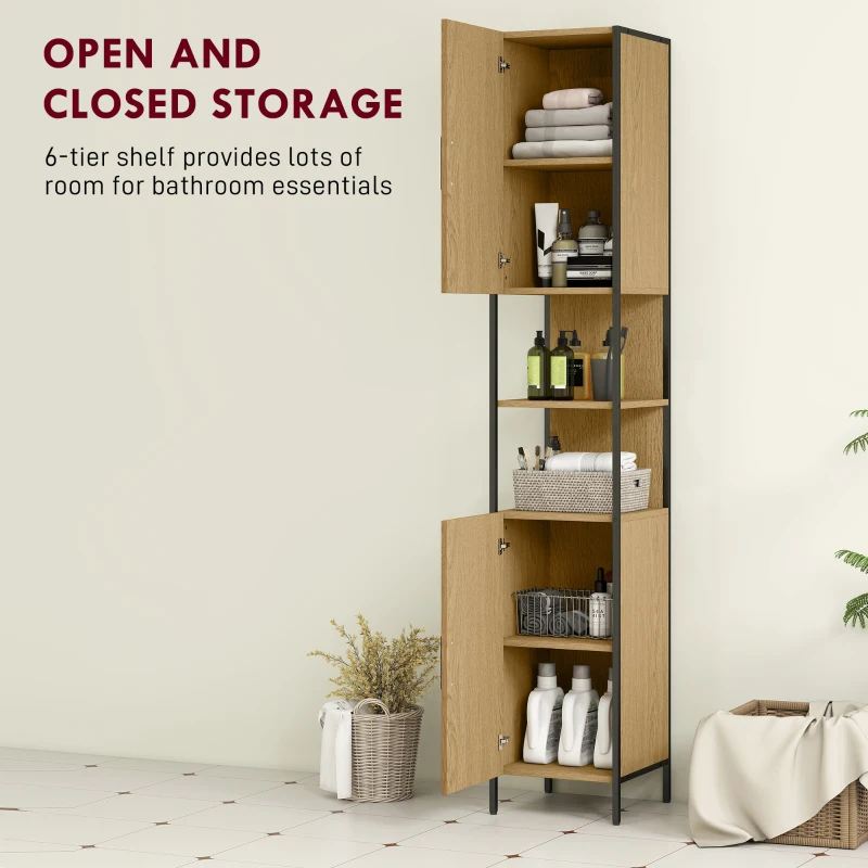 HOMCOM Tall Bathroom Cabinet with 2 Doors, Open Compartments and Adjustable Shelves - Natural Wood Finish