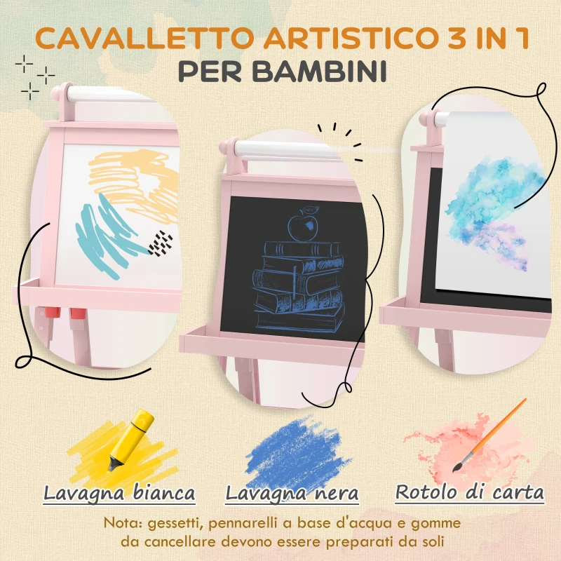 AIYAPLAY Lavagna per Bambini con Cavalletto 3 in 1, Rotolo di Carta e 2 Contenitori, in Legno, 59x48x118 cm, Rosa