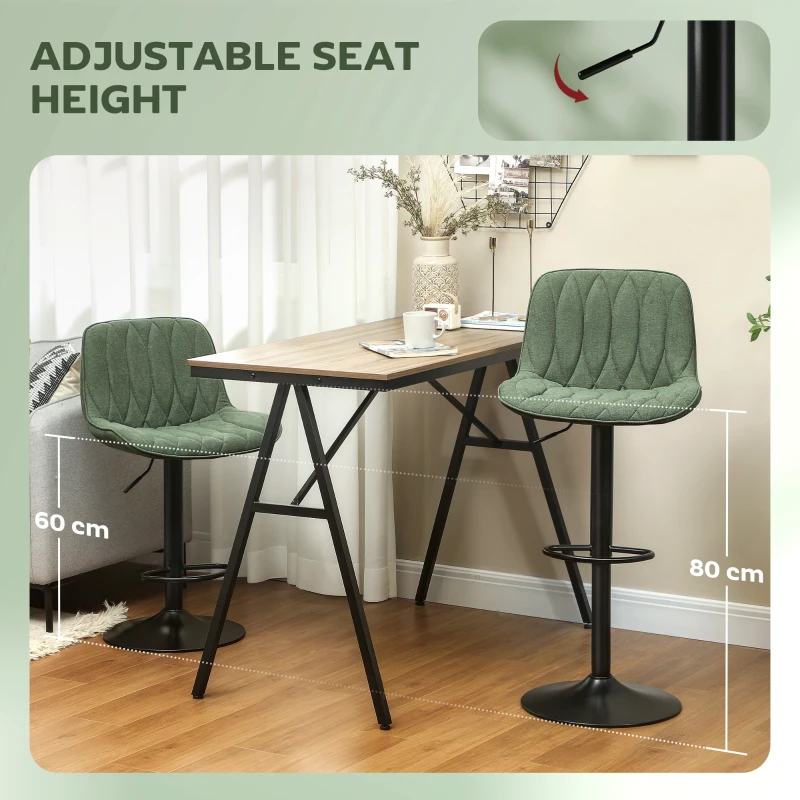 HOMCOM Breakfast Bar Stools Set of 2 Linen upholstery 60-80cm Adjustable Height - Green