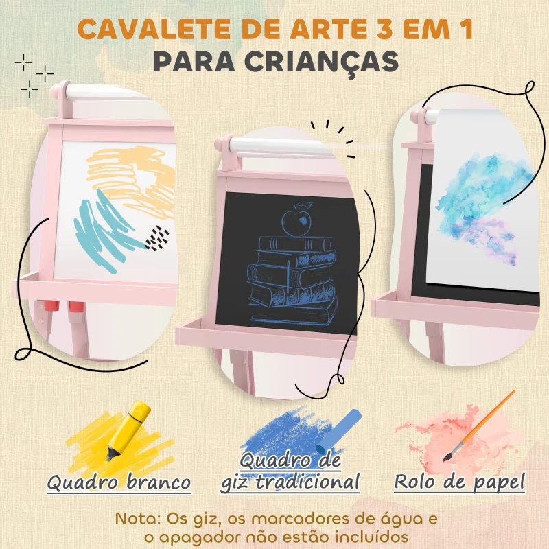 AIYAPLAY Cavalete de Pintura Infantil 3 em 1 Quadro Dupla Face com Rolo de Papel e Cestos de Arrumação Rosa