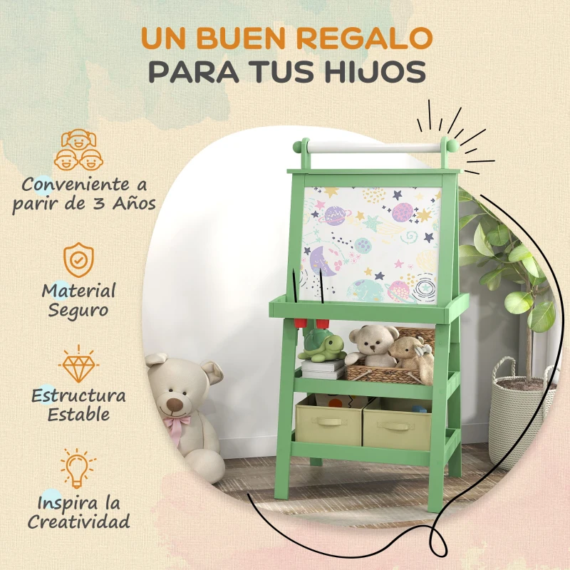 AIYAPLAY Pizarra Infantil Caballete 3 en 1 Caballete de Pintura para Niños de Doble Cara con Rollo de Papel y Cestas Verde