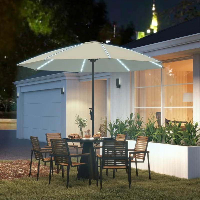 Outsunny Chapéu de Sol de Jardim com Luzes LED Ø300x256 cm Manivela  Proteção UV50+ e Mastro de Alumínio Creme