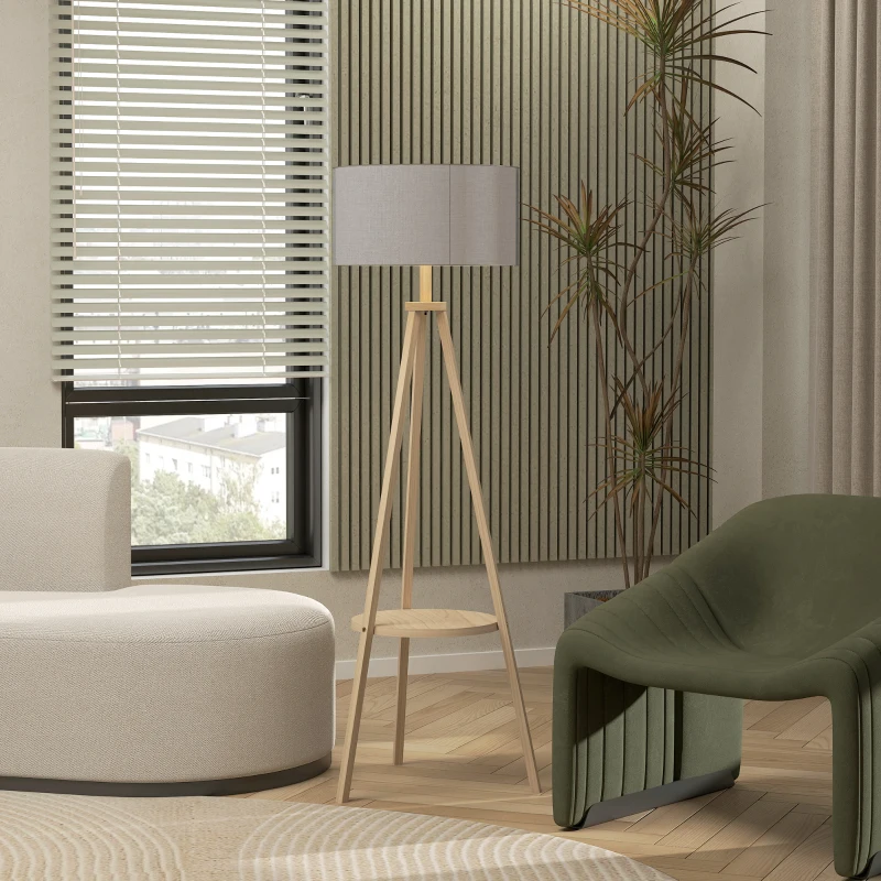 HOMCOM Lámpara de Pie Tipo Trípode con Estructura de Madera Natural y Pantalla de Tela Gris con Estante Integrado 48x48x153 cm