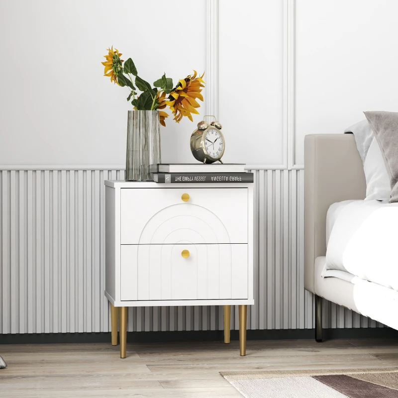 HOMCOM Conjunto de 2 Mesas de Cabeceira com 2 Gavetas e Pés de Aço Estilo Moderno 40x35x50 cm Branco