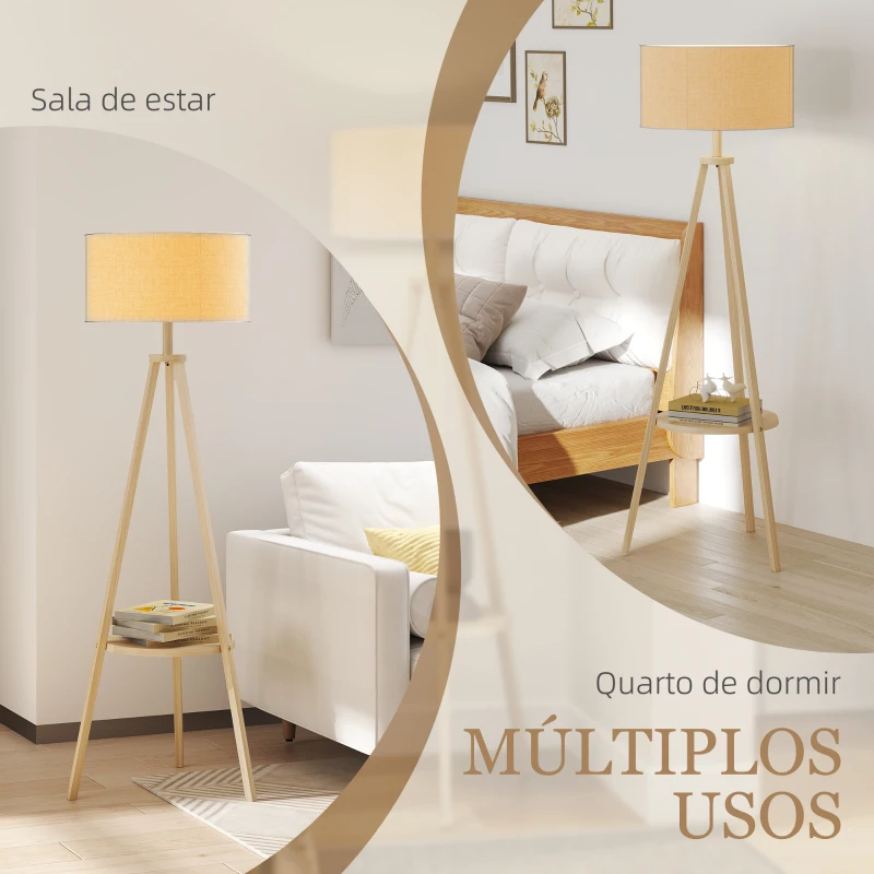 HOMCOM Candeeiro de Pé com Tripé com Estrutura em Madeira e Ecrã Similar ao Linho com Prateleira 48x48x153 cm Madeira e Cinzento