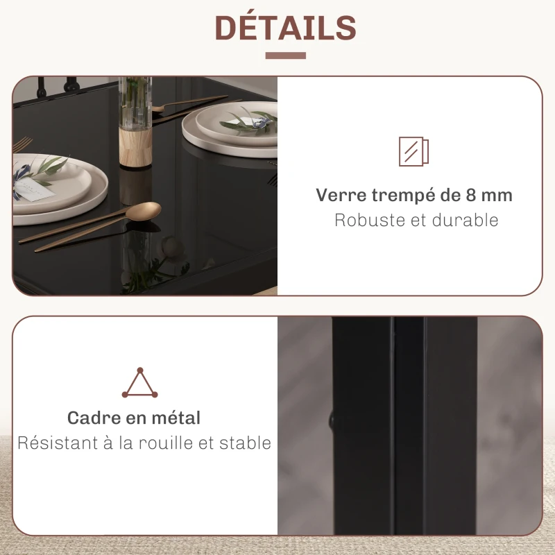HOMCOM Ensemble table à manger et chaises pour 2 personnes, plateau rectangulaire en verre, pour cuisine salon maison, noir