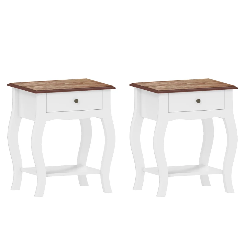 HOMCOM 2pcs Bedside Tables with Drawer, French Style Bedside Cabinets with Open Shelf for Bedroom, Living Room, White