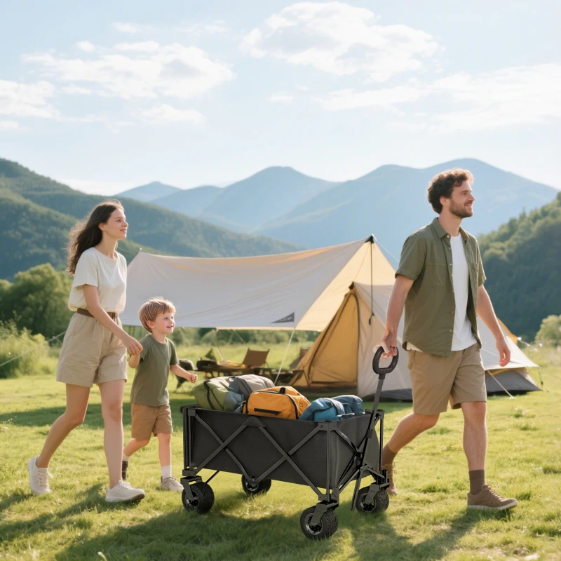 Outsunny Carrito de Jardín Plegable con Ruedas Grandes Todo Terreno y Mango Ajustable Carga 100 kg para Campaña Compra Negro