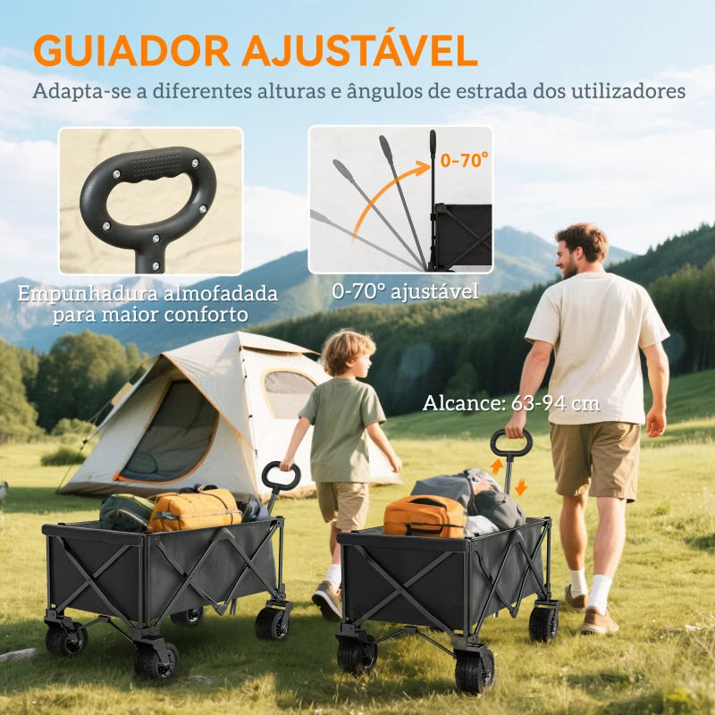 Outsunny Carrinho de Praia com Rodas Grandes Carrinho de Jardim Dobrável com Puxador Ajustável 90x48x92 cm Preto
