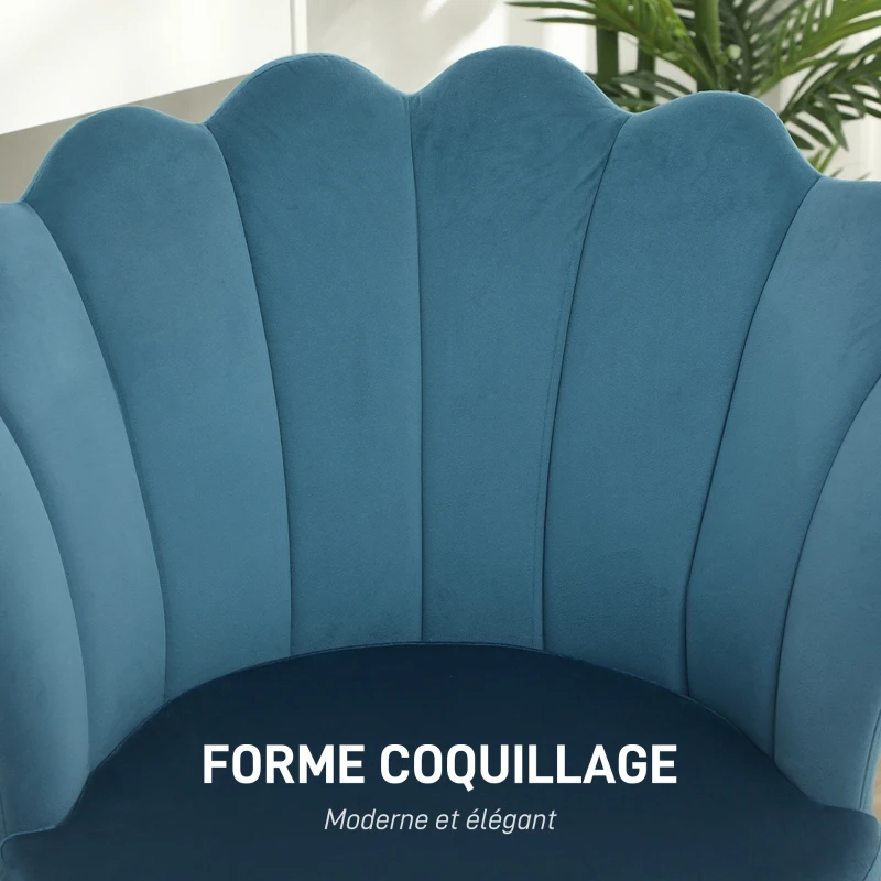 HOMCOM Fauteuil coquillage chaise coiffeuse fauteuil en velours fauteuil de salon avec pieds en métal doré bleu