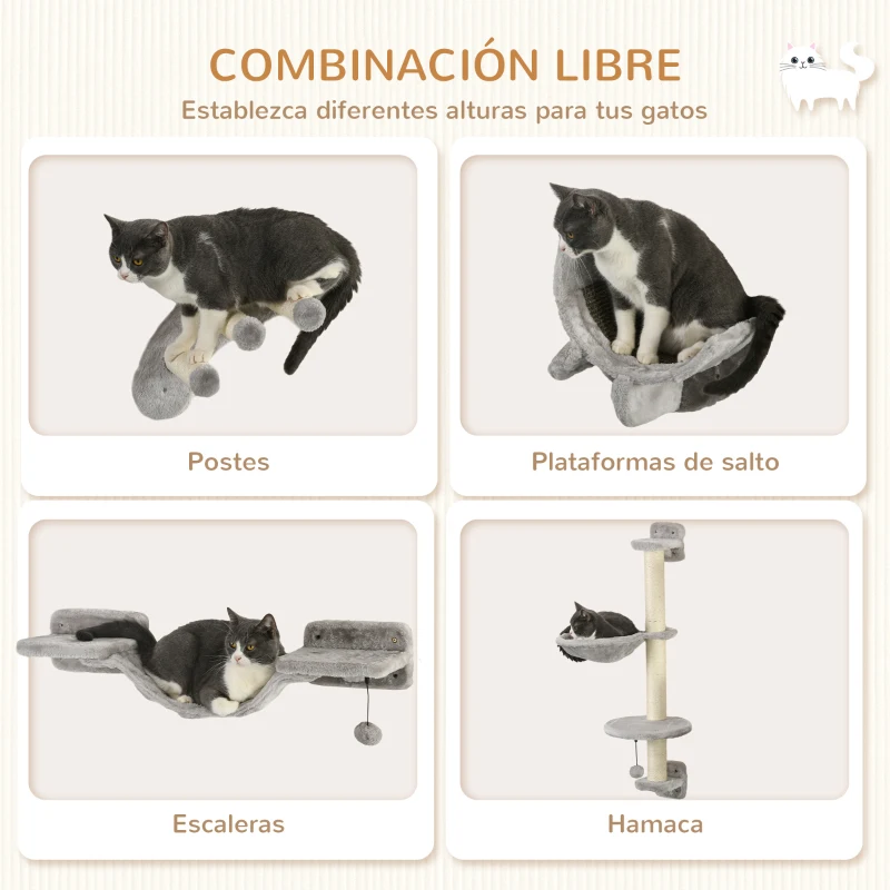 PawHut Juego de Escalada para Gatos de 4 Piezas Montado en la Pared con Hamaca Plataformas y Rascadores de Sisal Gris