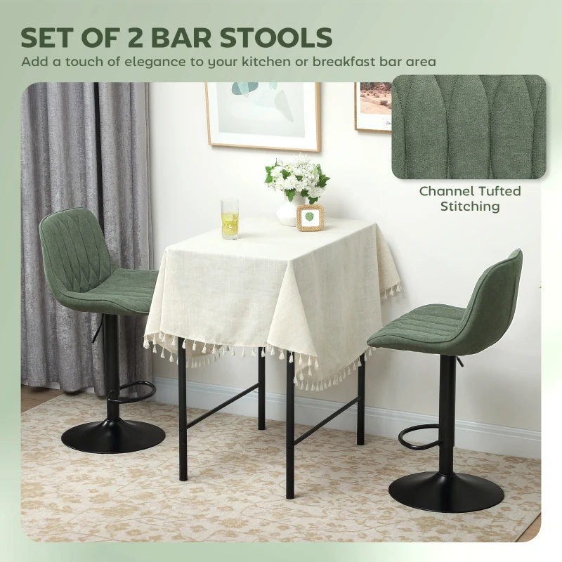 HOMCOM Breakfast Bar Stools Set of 2 Linen upholstery 60-80cm Adjustable Height - Green