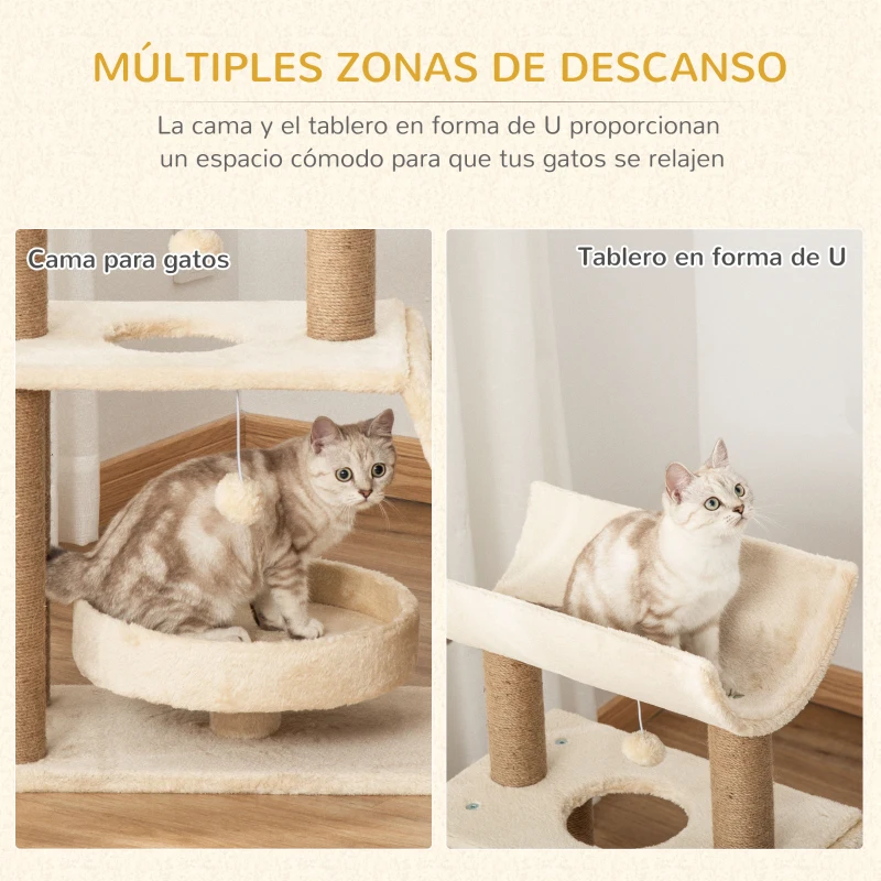 PawHut Mini Rascador para Gatos con Postes de Yute Plataforma en U Cama de Felpa y Juguetes Colgantes 60x30x76 cm Marrón Claro