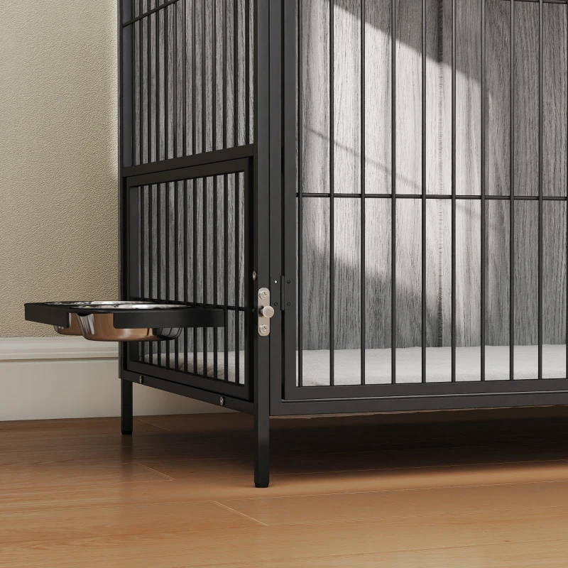 PawHut Large Dog Crate Furniture with Rotating Bowl Holder, 2 Bowls, 2 Doors, for Large Dogs, 100 x 60 x 88 cm, Grey