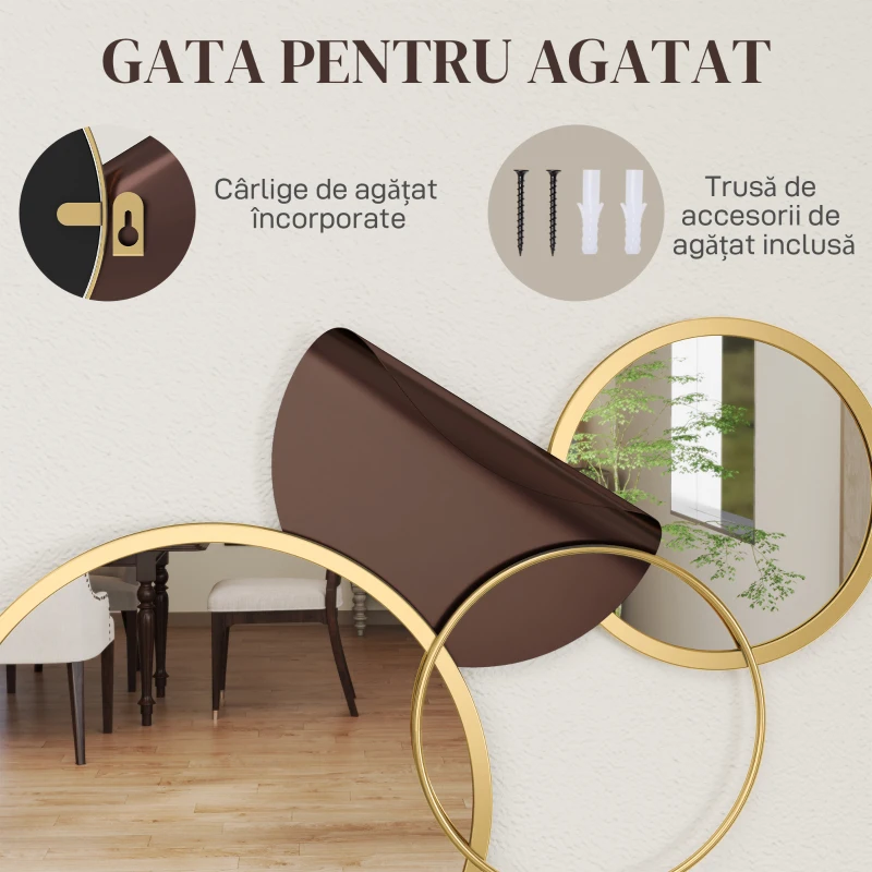 HOMCOM Oglindă Modernă Rotundă de Perete cu Decorațiune 101x41.5 cm, Auriu