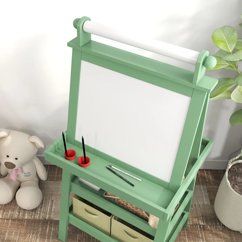 AIYAPLAY Cavalete de Pintura Infantil 3 em 1 Quadro Dupla Face com Rolo de Papel e Cestos de Arrumação Verde