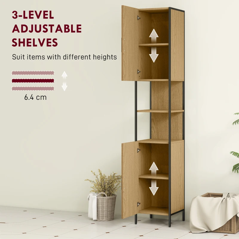 HOMCOM Tall Bathroom Cabinet with 2 Doors, Open Compartments and Adjustable Shelves - Natural Wood Finish