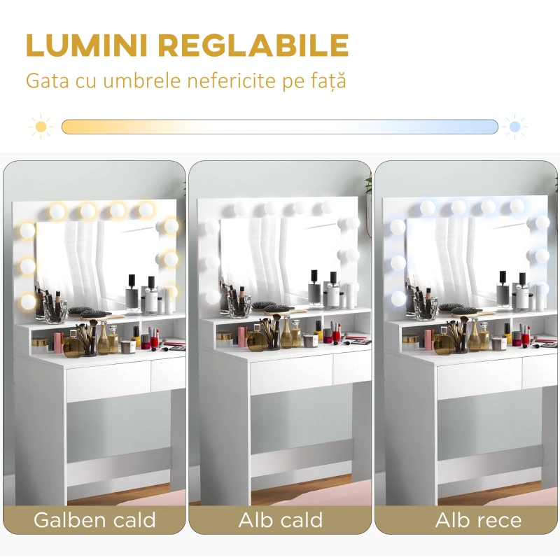HOMCOM Masă Toaletă cu Oglindă și Lumină Reglabilă, 2 Sertare și 3 Compartimente Alb