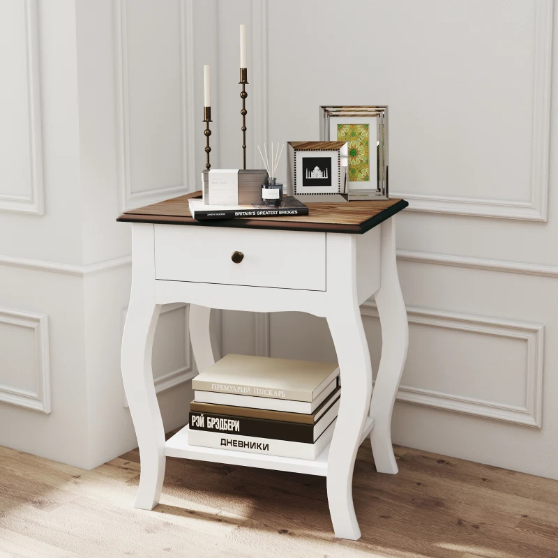 HOMCOM 2pcs Bedside Tables with Drawer, French Style Bedside Cabinets with Open Shelf for Bedroom, Living Room, White