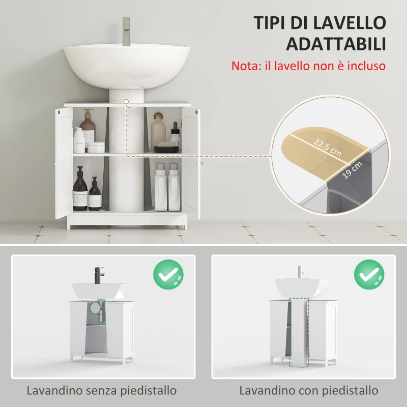 HOMCOM Mobile Sottolavabo per Bagno con Ripiano Regolabile, Mobiletto Sottolavabo con Intaglio a U e 2 Ante, Mobile Bagno Salvaspazio, Adatto a Lavabi con o Senza Colonna, 60x30x60 cm, Bianco