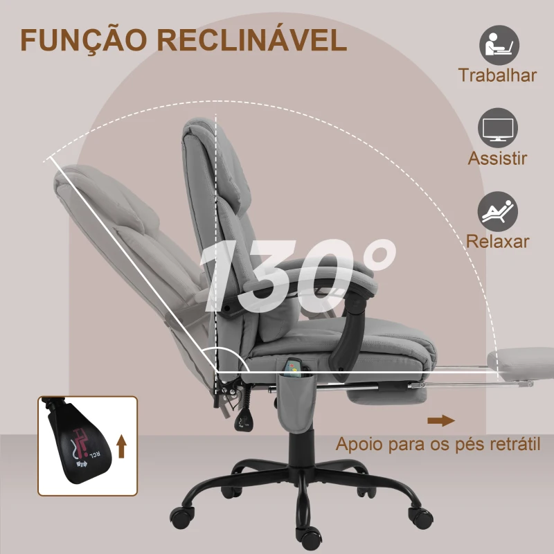 Vinsetto Cadeira de Escritório com Massagem de 6 Pontos Encosto Alto Reclinável Apoio para Pés e Controlo Remoto 66x75x112-122 cm Cinza