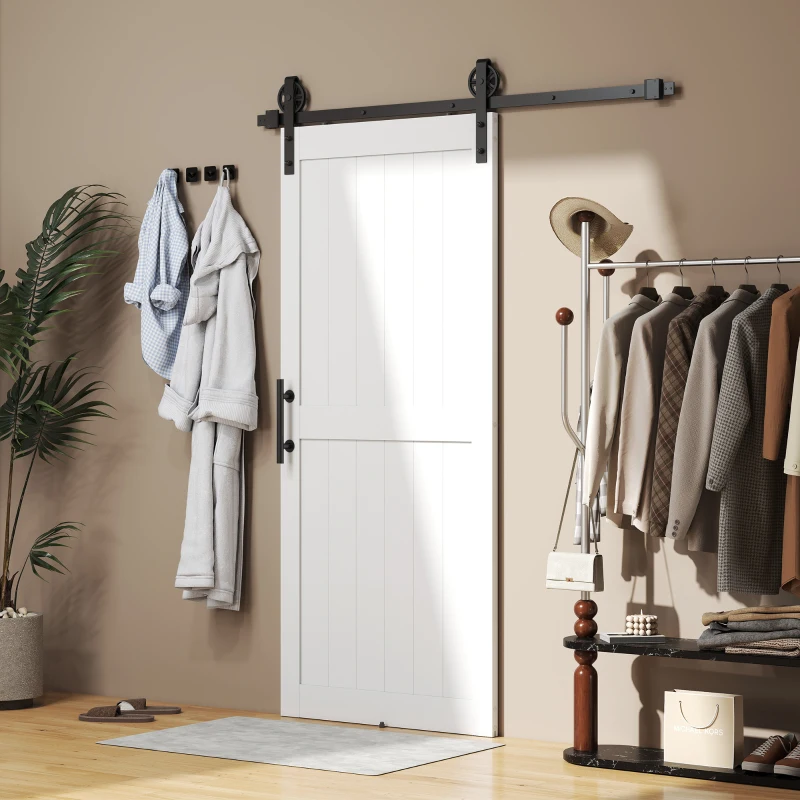 HOMCOM Puerta Corredera de Granero con Herrajes Manija Rodillo y Guía de Suelo Mejorados para Baño Salón 91,5x213,4 cm Blanco(m-8)