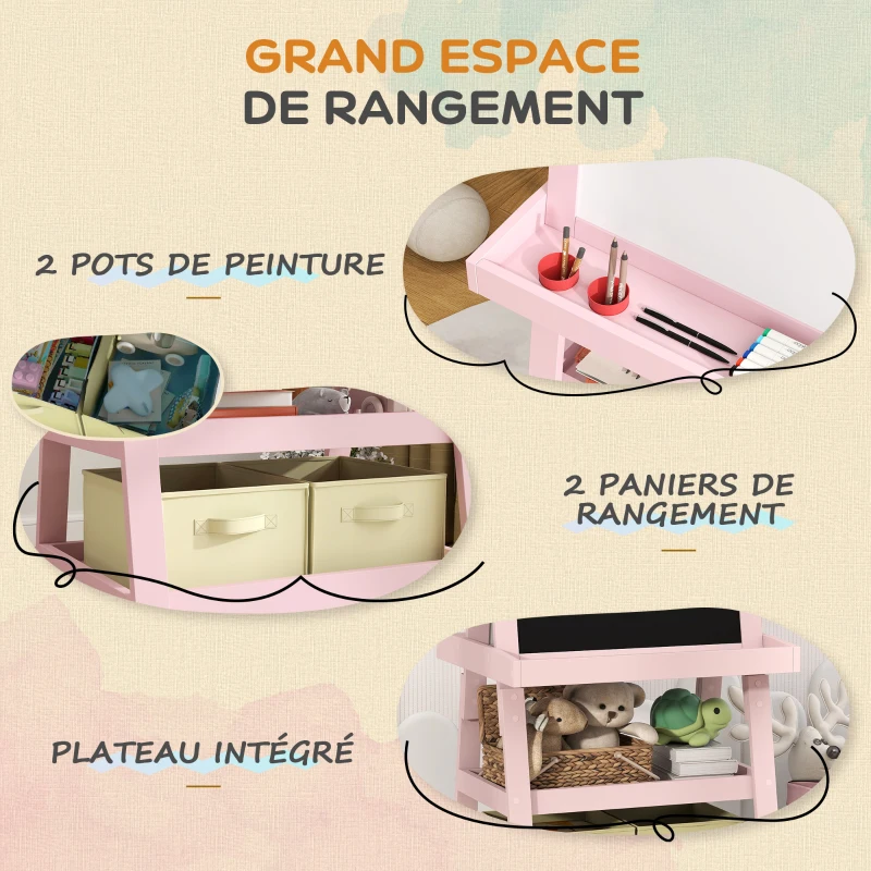 AIYAPLAY Tableau chevalet enfant 3 en 1 avec tableau blanc magnétique, tableau à craie, rouleau papier, 2 paniers, 3-6 ans, rose