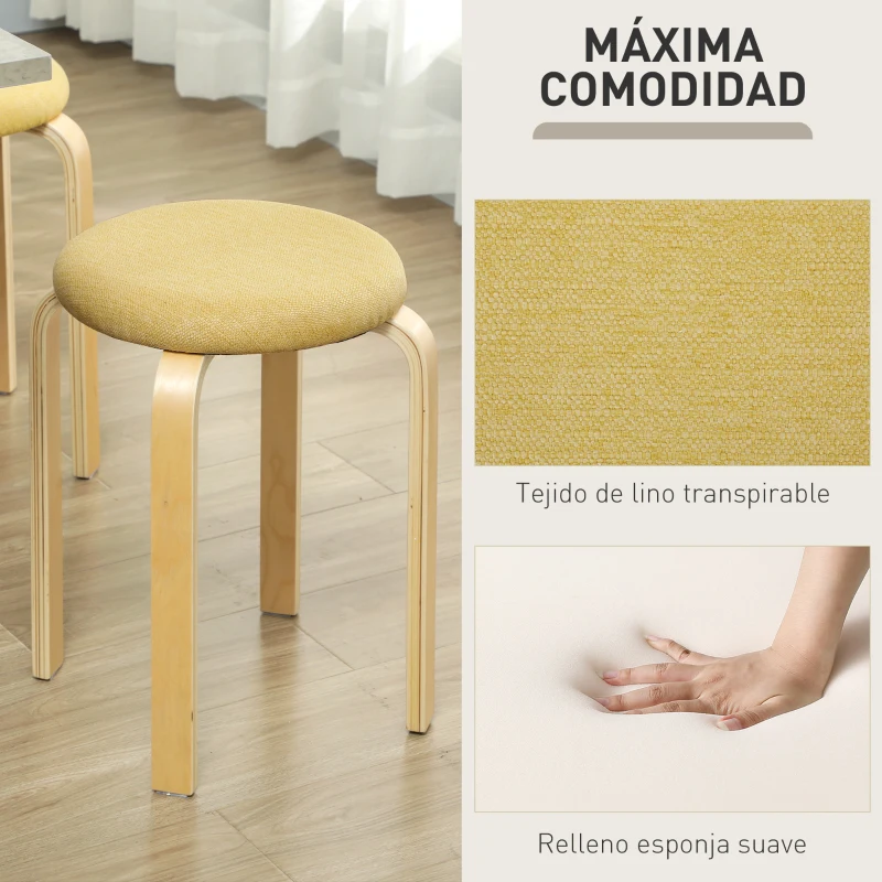 HOMCOM Juego de 4 Taburetes Redondos de Madera Apilables con Asiento Acolchado para Cocina Comedor Dormitorio Amarillo