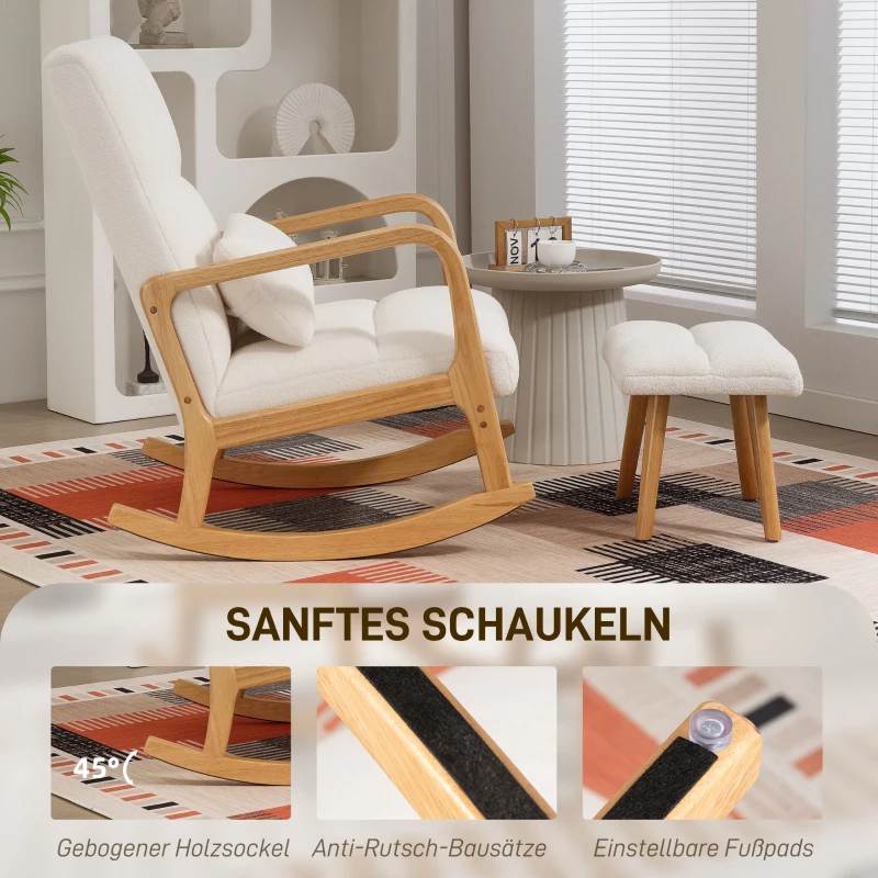 HOMCOM Schommelstoel met Voetensteun, Fleece-Bekleding, Hoge Rugleuning, Houten Poten, Voetpads, Wit(m-4)