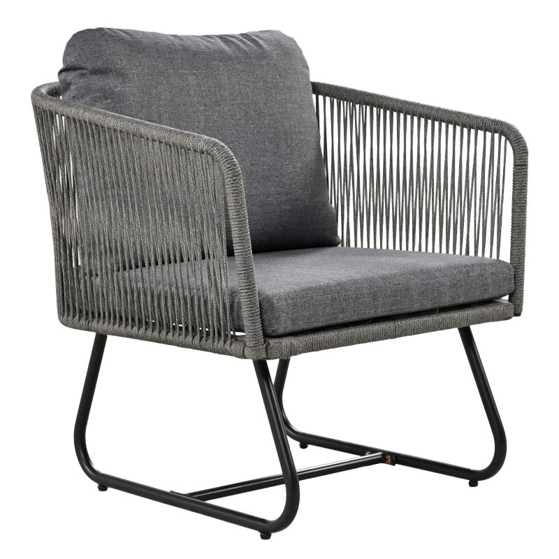 Ensemble de salon de jardin 5 pièces avec corde, pieds réglables, plateau de table en verre lisse, coussins de siège et de dossier inclus, Gris