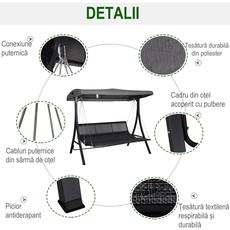 Outsunny Balansoar cu 3 Scaune din Material Textil cu Perne si Acoperis Reglabil, Gri, 200x115x168 cm(m-6)