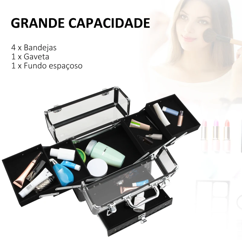 HOMCOM Estojo de Maquilhagem Organizador de Cosméticos Portátil com Múltiplos Níveis Alça e Bandejas 30x18,5x22 cm Preto e Transparente