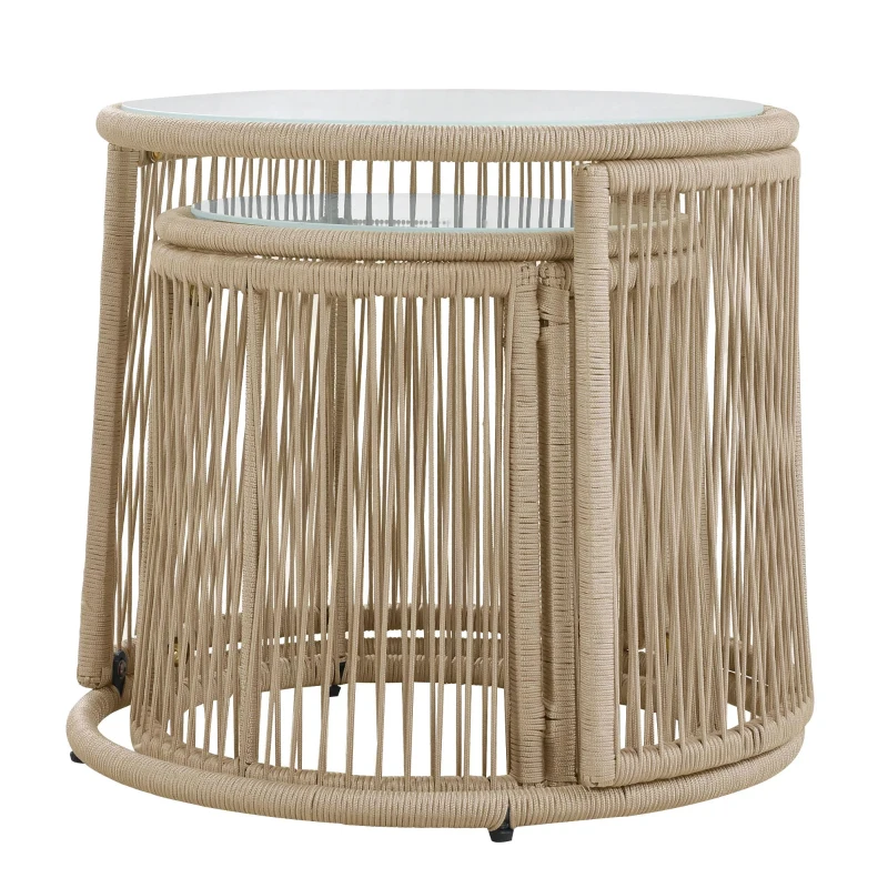 Ensemble de salon de jardin 6 pièces, corde tissée à la main avec cadre en fer, 2 fauteuils, 2 canapés 2 places et 2 tables, Beige