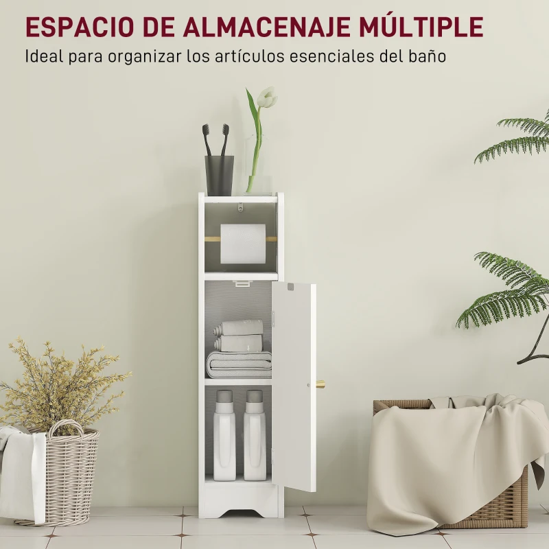 HOMCOM Armario de Baño Estrecho Mueble Auxiliar de Baño con Estante Ajustable y Portarrollos de Papel 21x20x79 cm Blanco