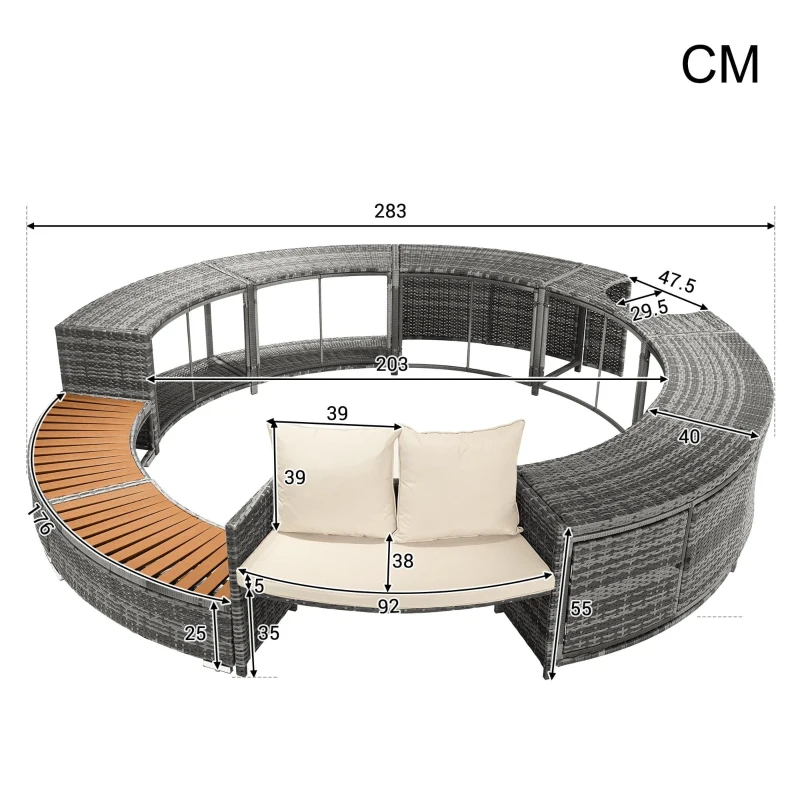 Ensemble de salon de jardin avec canapé rond, pieds réglables, coussins inclus, pour piscine, Gris(m-4)