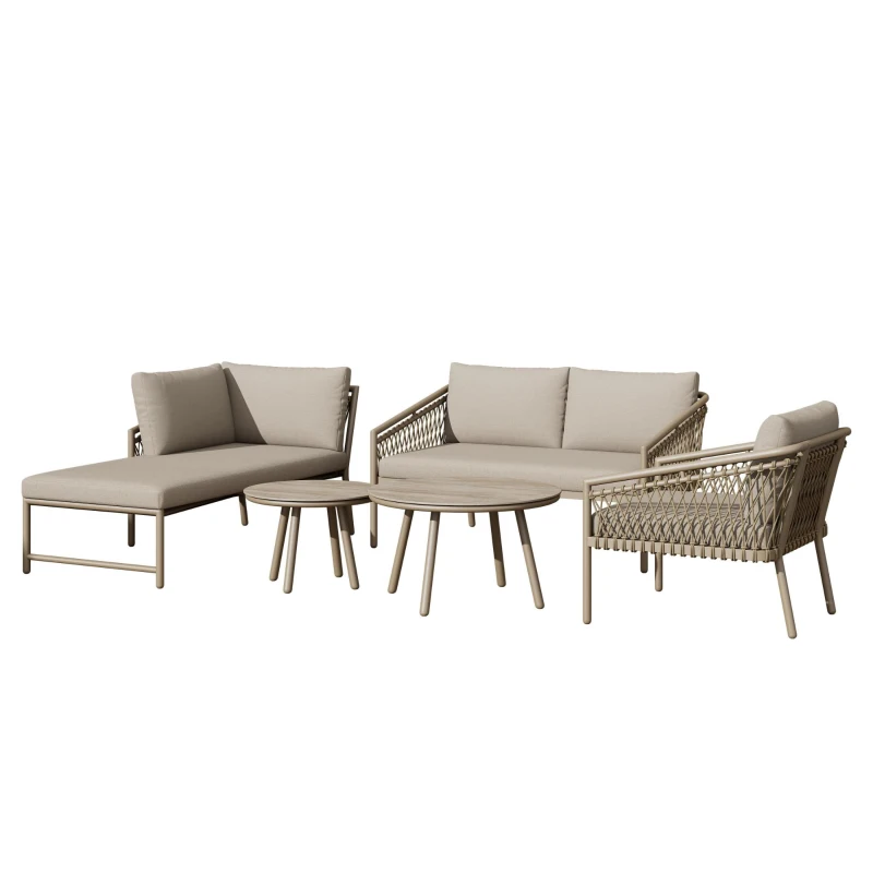 Ensemble de salon de jardin, ensemble de canapé d'extérieur moderne avec corde tissée à la main, incluant coussins de siège et de dossier, Kaki