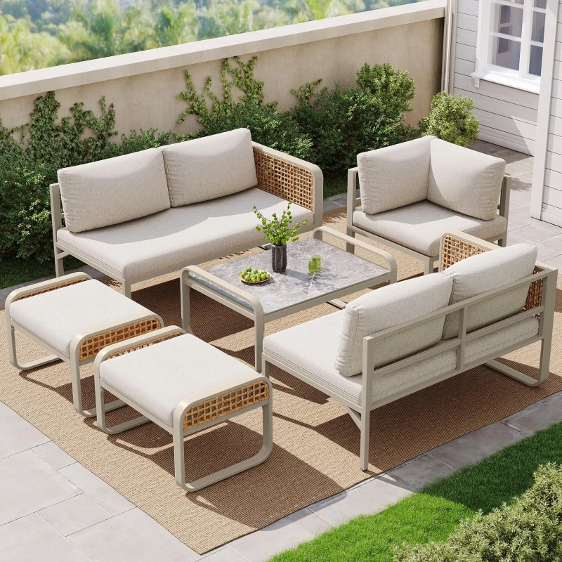 Set da giardino per 6-7 persone con struttura in ferro zincato e rattan, cuscini per seduta e schienale inclusi, 181x181x69 cm, Beige