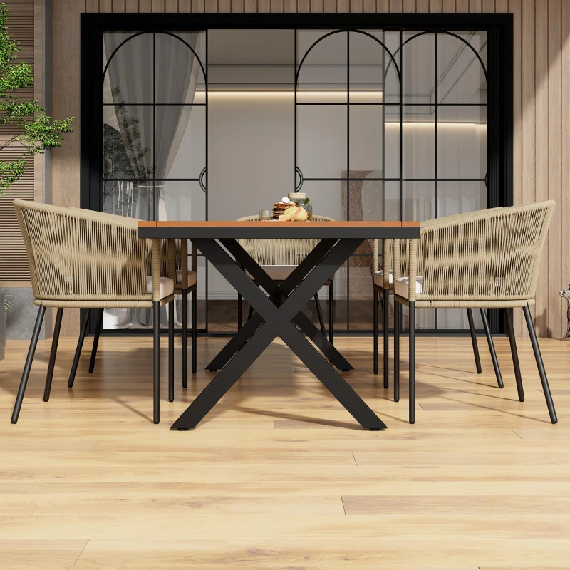 Ensemble de salle à manger de jardin 7 pièces, avec 6 fauteuils et 1 table, corde tissée à la main, coussins de siège amovibles et lavables, Beige(m-5)