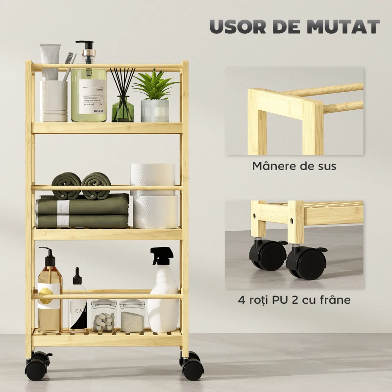 HOMCOM Cărucior de Baie cu 3 Niveluri cu Lamele și Roți 36x15x73 cm Culoare Lemn