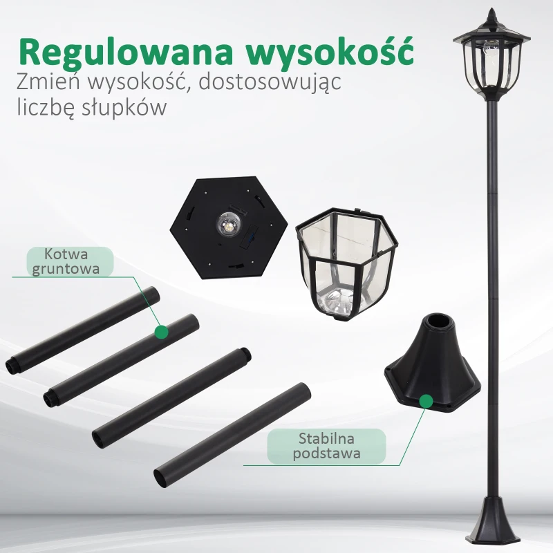 Solarna latarnia ogrodowa LED Outsunny, latarnia, lampa ogrodowa, 30/60 lumenów, stal nierdzewna, kolor czarny Ø26,5 x 177 cm