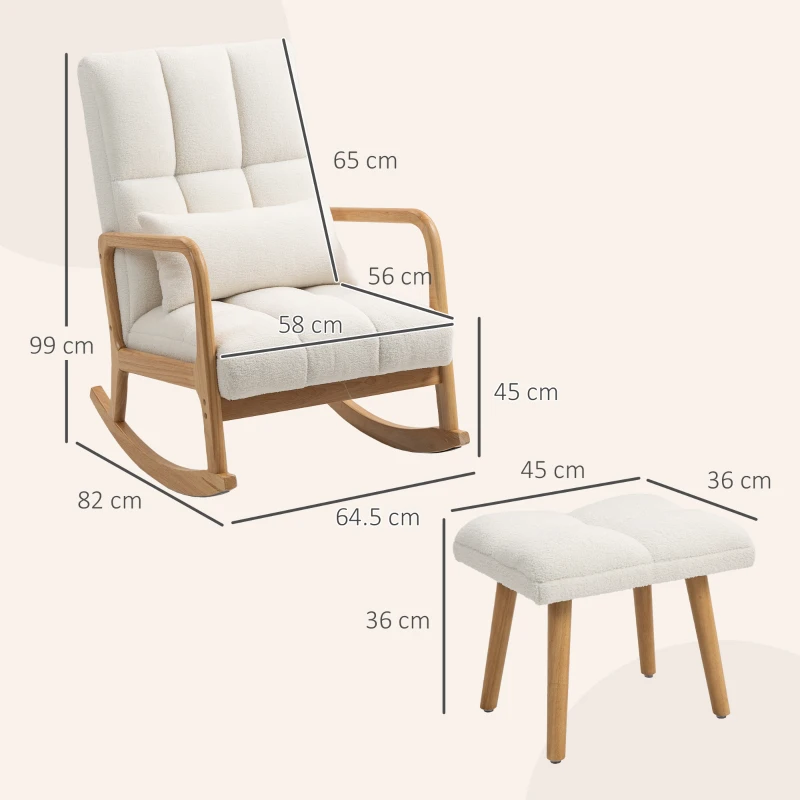 HOMCOM Schommelstoel met Voetensteun, Fleece-Bekleding, Hoge Rugleuning, Houten Poten, Voetpads, Wit(m-3)