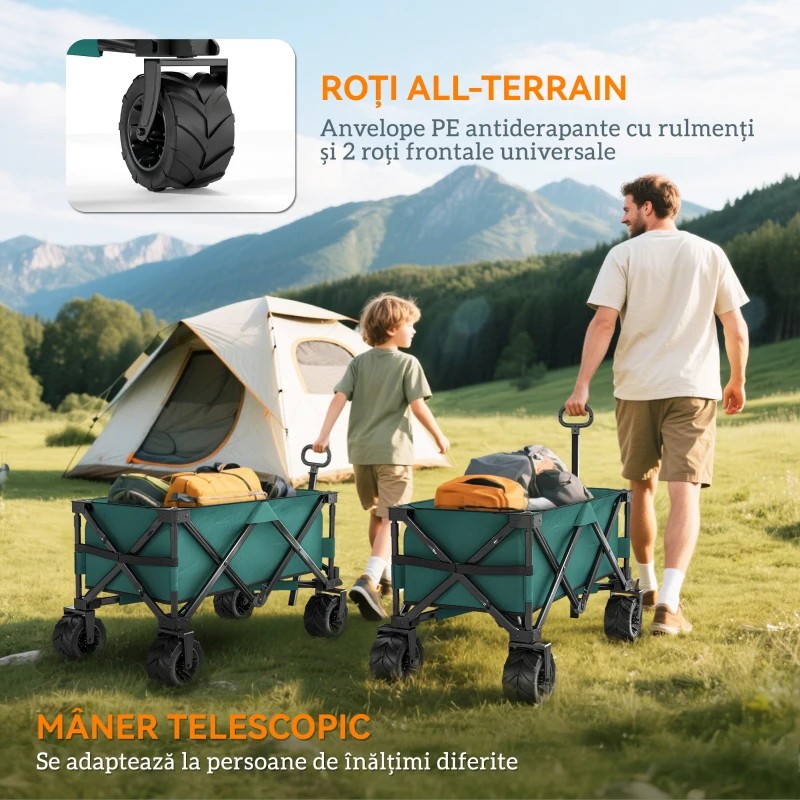 Outsunny Cărucior de Grădină cu Mâner Telescopic, Cărucior pentru Transport Obiecte până la 70 kg, 108x55 cm, Verde
