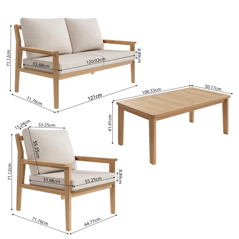 Ensemble de canapé d'extérieur en bois, ensemble de meubles de jardin pour 4-5 personnes avec 2 canapés individuels, 1 canapé double, 1 table, Couleur naturelle