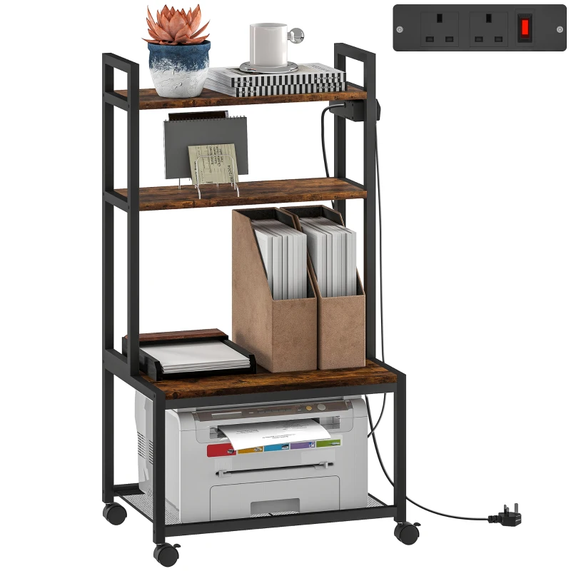 HOMCOM 4-Tier Printer Stand with Power Outlets and Wheels - Rustic Brown